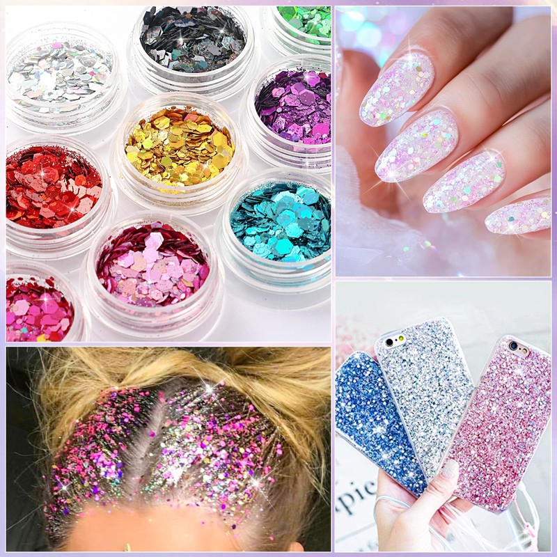 12 Colour Face Glitter Chunky Sequins and Fine Glitter Mix