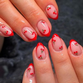 RIICFDD Short Press on Nails Almond Red French Tip Fake Nails Cute Cherry False Nails with Rhinestone Designs Spring Acrylic Nails Full Cover Glue on Nails for Women Girls 24 Pcs Artificial Nails