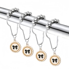 12pcs Bow Shower Curtain Hooks Rings, Zinc Alloy Bow with Resin Pearl Pendant Home Shower Curtain Rings Decor Accessories