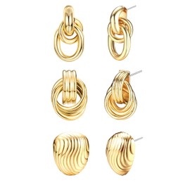 FIBO STEEL 18K Gold Plated Gold Earrings for Women Chunky Gold Statement Earrings Twisted Link Knot Bow Hear Geometric Drop Dangle Earrings Set Trendy Jewelry Gift 3 Pairs Knot