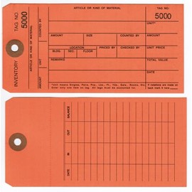Inventory Tags, 1-Part, Orange, 6-1/4" x 3-1/8", Random Sequential Numbers, Perforated Stub, Fiber Reinforced Hole - Box / 1,000 Tags