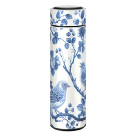 SDMKA Blue White Porcelain Insulated Thermos, 17 oz Stainless Steel Double Wall Vacuum Bottle with Cup Cover for Coffee & Tea