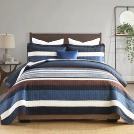 100% Cotton King Quilt, Dark Blue and Brown Striped King Quilt Set