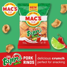 Mac's Tajin Chili Lime Fried Pork Skins - Tajin Chili Lime Flavored Chicharrones Pork Rinds - Low Carb, Gluten-Free, Keto-Friendly Snack- 3oz (12-Pack)