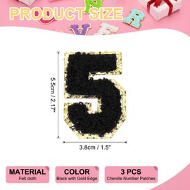 PATIKIL 3 Pcs Chenille Number Patches, 2.17 Inch Self-Adhesive Number 5 Patch Appliques Stickers for DIY Clothing Jacket Jersey Hat Decor, Black with Gold Edge