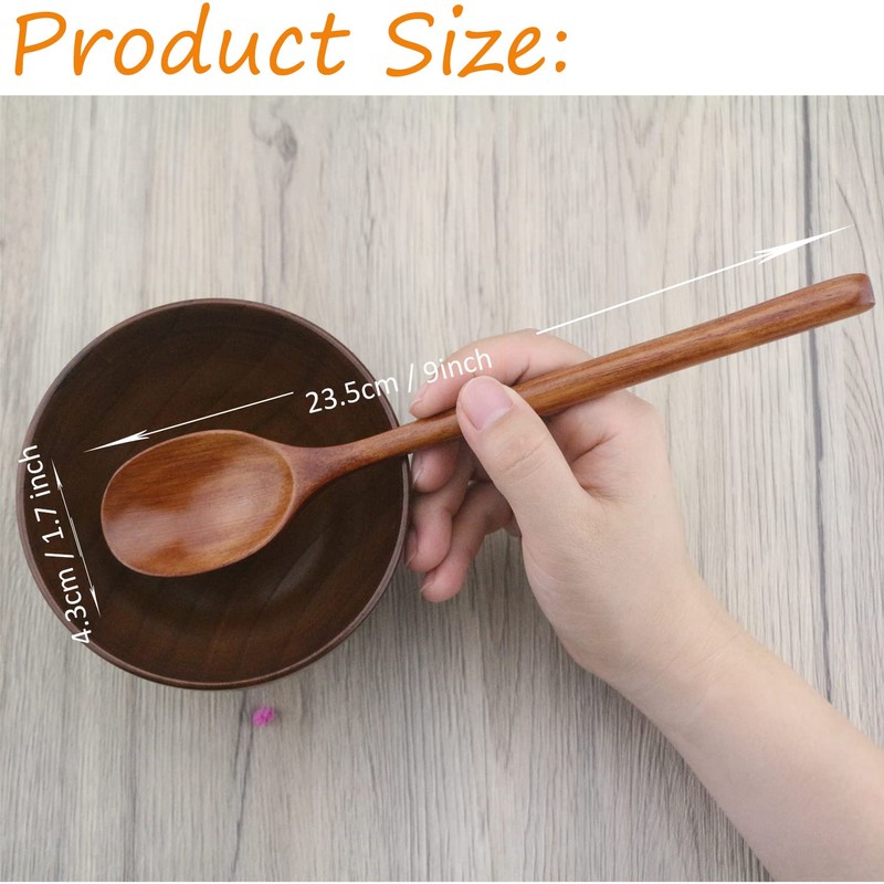 ADLORYEA Wooden Spoons, 6 Pieces 9 Inch Wood Soup Spoons