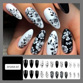 Black&White Press on Nails Medium with Flowers Designs Almond Fake Nails Sparkly Floral False Nails Full Cover Cute Acrylic Nails Glossy Artificial Nails for Women Manicure 24 Pcs