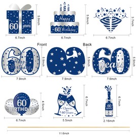 Kauayurk 24pcs Blue Silver 60th Birthday Decorations Table Topper for Men, Includes 24 Pattern Cardboards, 24 Sticks, 30 Adhesive Points