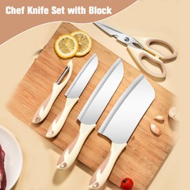 Kitchen Knife Set, 6-Piece Professional Chef Knife Set with Block, Ultra Sharp Stainless Steel Knife Block Set with Comfortable & Non-slip Grip, Non Stick Coating Blade Knife Set (Beige)