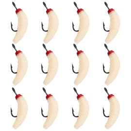 YINETTECH Pack of 12 Rubber Worms Fishing Lures 20 mm Rubber Bait Worms with Hooks for Fishing Freshwater and Saltwater Fish Trout Crappie Pan Fishing Cream Colour