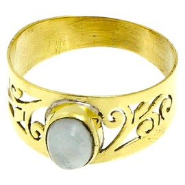 Chic-Net Brass Rings Moonstone Oval Spiral Die Cut Pattern 9 mm White Antique Golden Nickel Free Tribal Brass