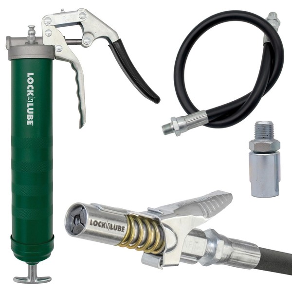 LockNLube Heavy Duty Pistol-Grip Grease Gun. Includes our patented LockNLube® Grease Coupler (locks on, stays on, won't leak!) plus a high-quality 20" hose and in-line hose swivel.