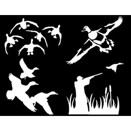Duck Hunting Decals 4 Pack: Ducks Landing, Detailed Duck, Flying, Cattails (White, Large ~5")