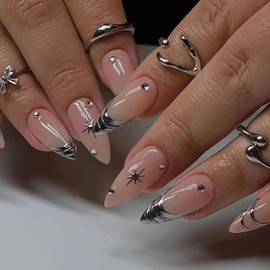 MISUD Press on Nails Medium Almond Fake Nails Glossy Glue on Nails Silver Chrome French Tip Acrylic Nails Stiletto Artificial Nails Rainbow Stick on False Nails with Design 24 pcs
