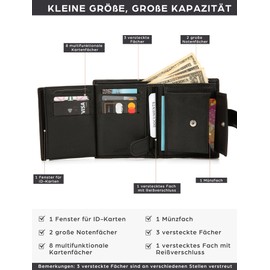 KRONIFY Men's Leather Wallet with RFID Protection Genuine Leather Wallet Men's Slim Wallet with 12 Compartments Men's Wallet with Coin Compartment, black, Classic