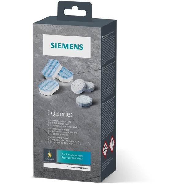 Siemens Multipack TZ80003A, contents: 1 x 10 cleaning tablets (2.2 g each) and 2 x 3 descaling tablets (36 g each), for fully automatic coffee machines of the EQ series, white