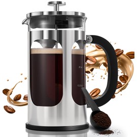 BAYKA 34oz French Press Cold Brew Coffee Maker, Heat and Cold Resistant Thickened Borosilicate Glass Stainless Steel Coffee Press, Iced Coffee Pot Tea Pitcher for Kitchen Travel Camping,1 Liter,Silver