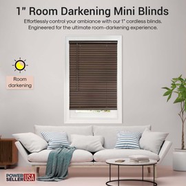 PowerSellerUSA 1" Vinyl Slats Room Darkening Cordless Window Blinds, 64L x 27W Inches Manual Operation Mode Blackout Privacy Blind, Solid Pattern Ceiling-Outside Mount Pull-Up Mini Blinds, Mahogany