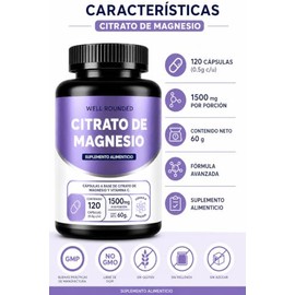 Citrato De Magnesio de 1500mg Por Porción,120 Cápsulas, Equivale a 240 mg de magnesio, Suplemento alimenticio, Well Rounded