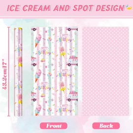 Ice Cream Reversible Wrapping Paper Roll - 1 Roll 17” x 33 ft Happy Birthday Wrapping Paper Roll Kids Pink Summer Birthday Gift Wrap Roll Girls Wrapping Paper Polka Dot Design Bday Party Favor