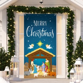 Tiamon Christmas Nativity Scene Door Cover Merry Christmas Door Banner Backdrop Nativity Banner for Front Door Porch Holidays Decorations, 35 x 71 Inch
