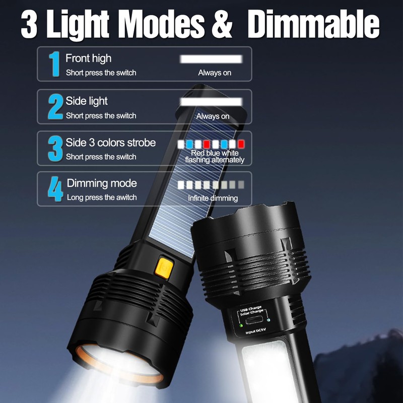 MVIOCS LED Flashlight Solar/Rechargeable, Powerful Flashlight Torch with 3 Modes,
