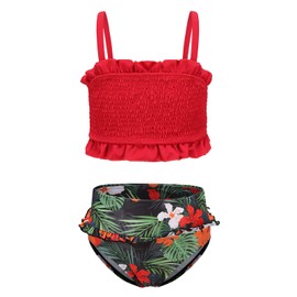 Aisyee Big Girls Two Piece Bikini Swimsuits Smocked Bathing Suit Kids Hawaiian Floral Swimwear Floral Red Size 12/10-12 Years
