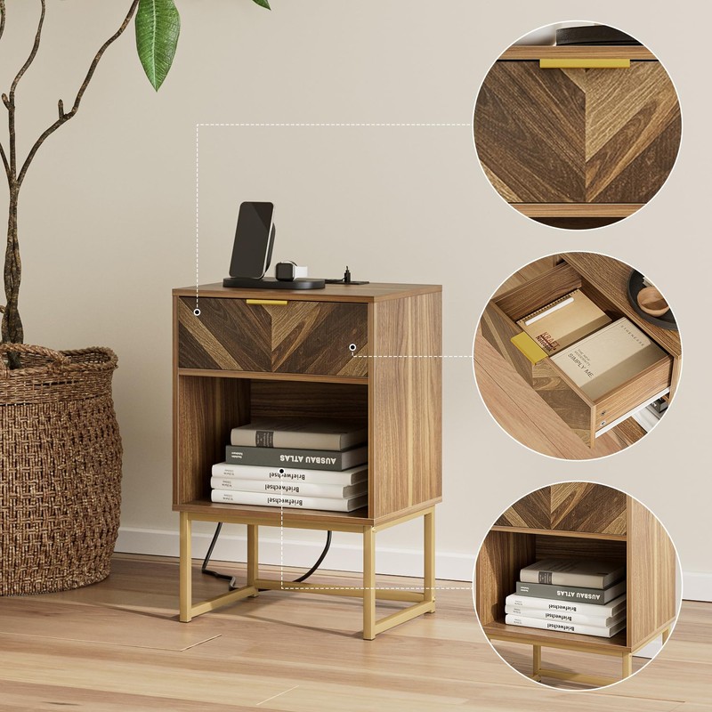 Masupu Nightstand with Charging Station,Modern Night Stand Boho Farmhouse Wood