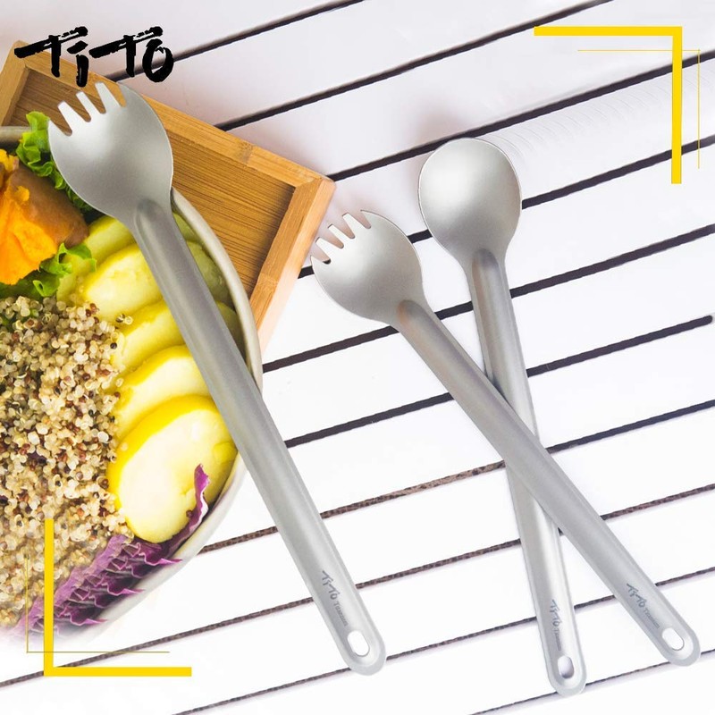 TiTo Titanium Long Handle Spork and Spoon Eco-Friendly Ultralight Portabale