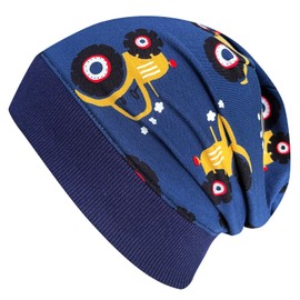 Wollhuhn Eco Lightweight Girls/Boys Beanie Hat Tractor Construction Site Cuffs Elastic Transition Period Summer Children's Hat Cotton (Eco Fabrics, Organic) 2222235, Maxi Tractor Dark Blue/Yellow