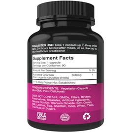 Pure Organic Activated Charcoal Capsules - 600mg per Capsule, 90 Vegetarian Capsules