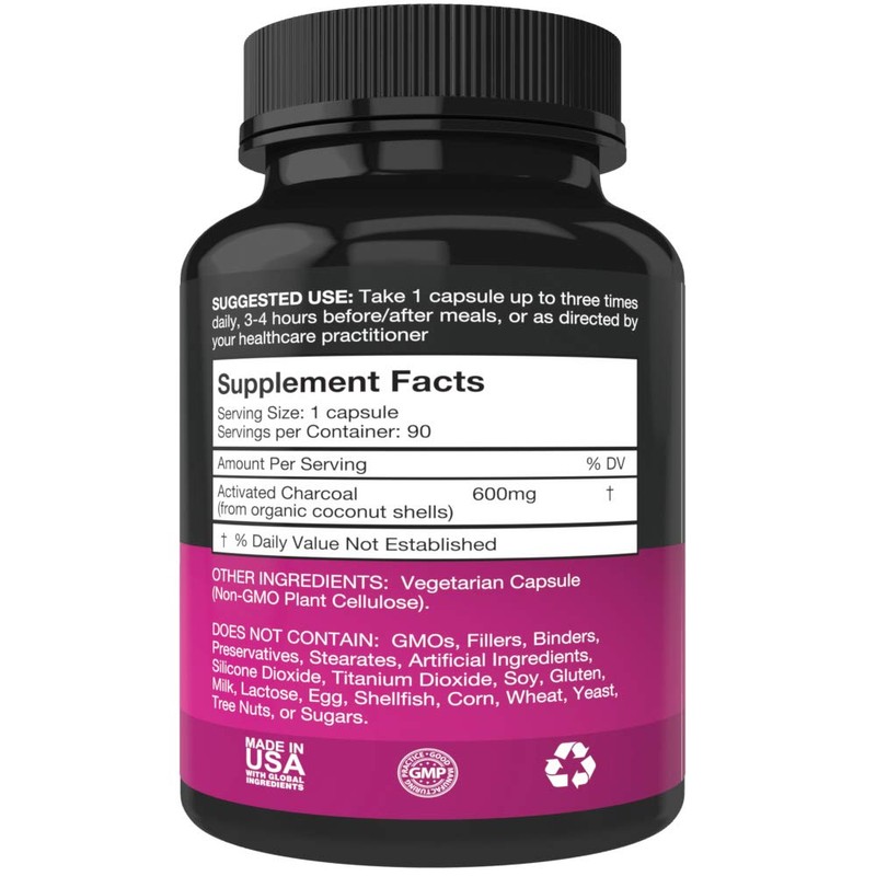 Pure Organic Activated Charcoal Capsules - 600mg per Capsule, 90