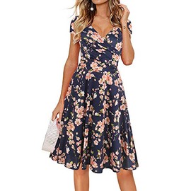 oxiuly Women's V-Neck Cap Sleeve Floral Casual Work Stretchy Swing Dress OX233 (L, Navy Blue Floral)