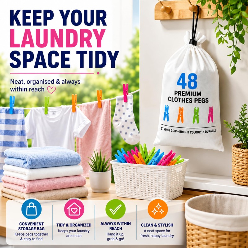 48 Pack Clothes Pegs for Washing Line with Bag, Extra
