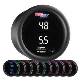 GlowShift 10 Color Digital Dual Celsius Temperature & BAR Pressure Gauge Kit - for Boost, Oil PSI, Water & Trans Temp - Includes Electronic Sensors - 2 Multi-Color LED Displays - Tinted Lens - 52mm