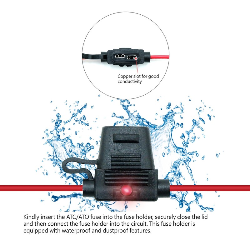 Waterproof in-line ATO/ATC LED Fuse Holder,12 AWG for Automotive, Marine（5