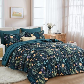 Yiran 7 Piece Peacock Blue Floral Comforter Set King Size, Botanical Flowers Comforter Bedding Set, Bed in a Bag King, Soft Microfiber Complete Bedding Set with Sheets for All Season