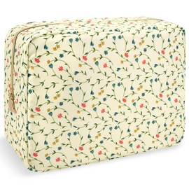 Nylon Large Floral Makeup Organizer Bag, Preppy Big Cute Flower Cosmetic Zipper Pouch Multi-compartment with Dividers, Waterproof Toiletry Make Up Bag Travel Essentials for Women(Light Yellow-Flower)