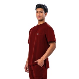 Peelz Karl Henley 2-Pocket Scrub Top for Men - Soft Stretch Fabric Men's Scrub Tops, 3-Button Design, Comfort Fit, Burgundy, X-Large