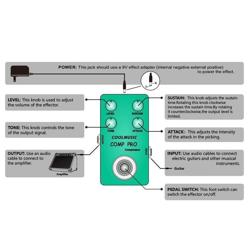 COOLMUSIC Compressor Effect Pedal True Bypass Guitar Effect Pedals with