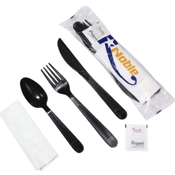 R Noble 150 Heavy Duty Plastic Silverware Set with Napkins, Salt, Pepper, Individually Wrapped, Disposable Silverware Set, Cutlery Kit