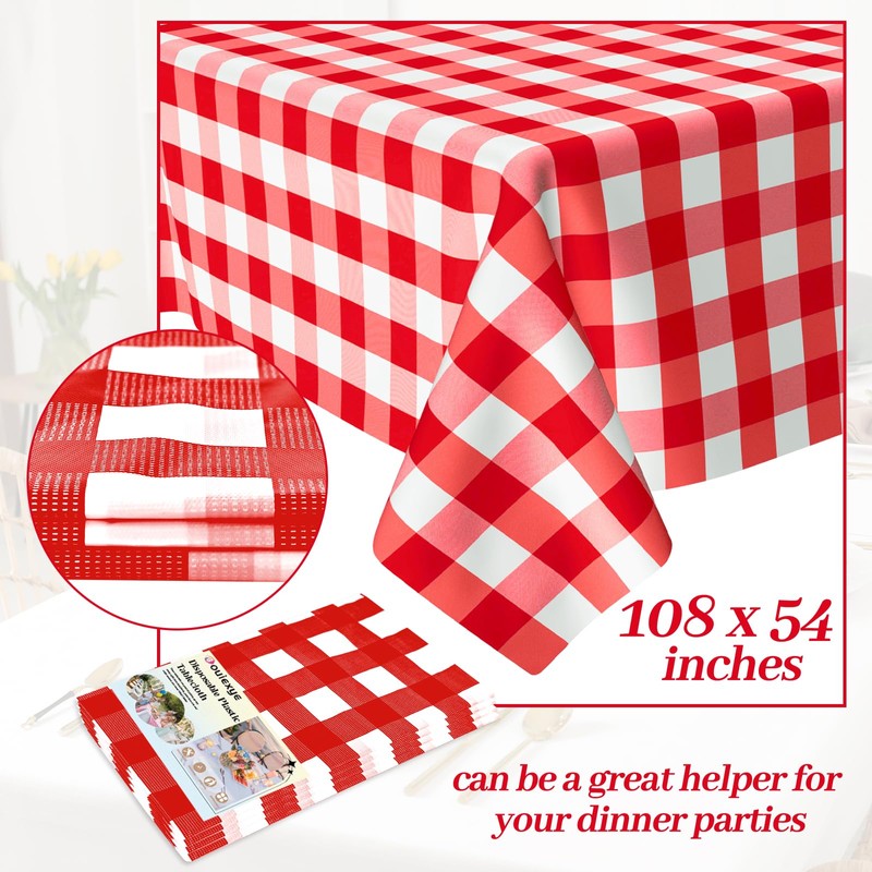 Bouiexye 4 Pack Disposable Table Cloth Red Gingham Plastic Tablecloth
