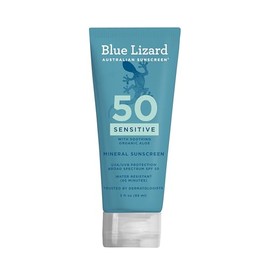 Blue Lizard - Protector solar mineral SENSIBLE con óxido de zinc, SPF 50+, resistente al agua, protección UVA/UVB con tecnología Smart Cap – Sin fraga