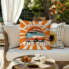 QIONG MENG Summer Pillow Covers 18x18 Inch Here Comes The Sun Bus Throw Pillow Case Summer Cushion Case for Home Sofa Living Room Farmhouse Decorations