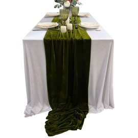 Luxurious Velvet Table Runner, 10ft Wedding Reception Decorations, 20x120inch Soft Velvet Fabric, Table Linen Overlay, Wedding Table Runners (Olive Green, 20X120inch)