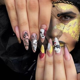 24 PCS Press on Nails French Fake Nails Vintage Mask Fake Nails Medium Fake Nails Gifts for Women and Girls (No.98)