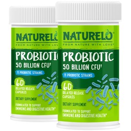 NATURELO Probiotics for Digestive Health - 50 Billion CFU, 11 Strains, Daily Use Supplement - Boosts Immune System, Delayed Release, No-Fridge, 60 Vegetarian Capsules (Pack of 2)