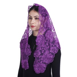 Bozidol Church Catholic Veils for Women, Triangle Purple Floral Embroidered Lace Mantilla Chapel Veil, Lent Advent Latin Mass Prayer Head Coverings with Clips