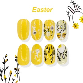 Easter Fake Nails Yellow Press on Nails Easter Egg & Fat Bunny Design False Nails Medium Acrylic Nails Full Cover Glossy Acrylic Nails Stick on Nails for Women Girls Easter Manicure 24Pcs