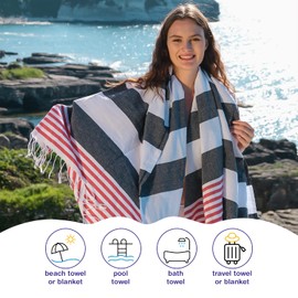 PADISHAHHOME Turkish Beach Towel Oversized 38x71 | 100% Turkish Cotton Sand Free Quick Dry Towel Extra Large Cabana Stripe Turkish Towel Lightweight Travel Towel Beach Essentials - Black/Red